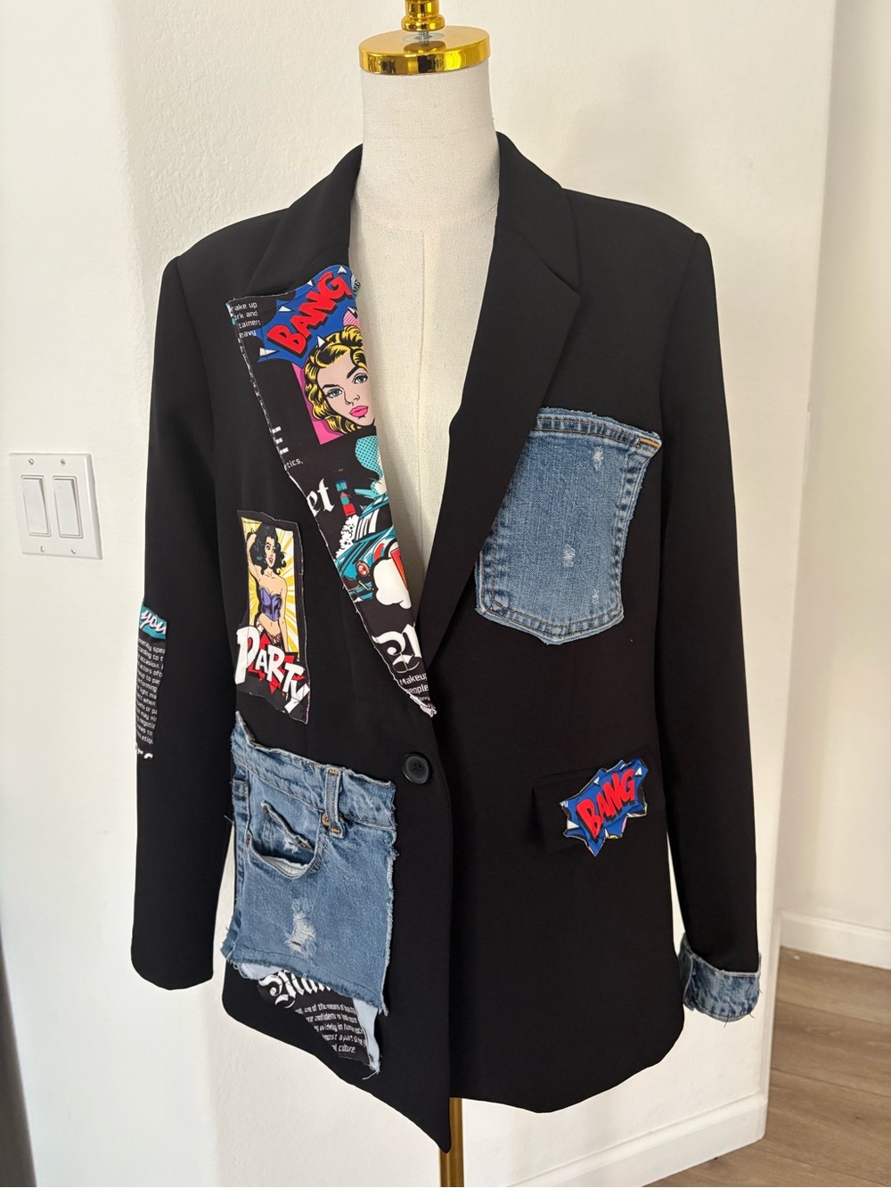 Handmade Upcycled Pop Art Denim Blazer | One of a Kind | Size M